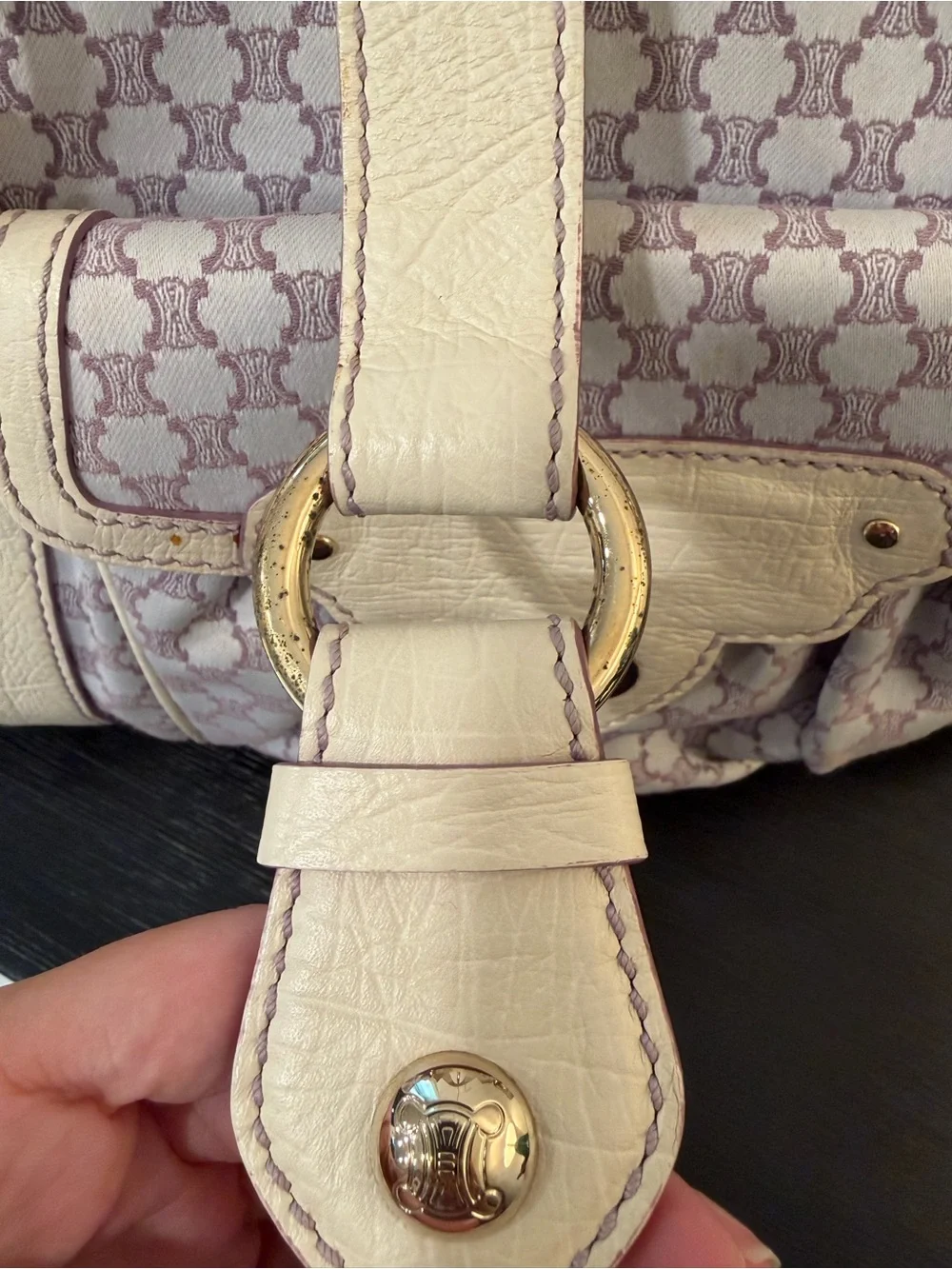 Vintage Celine Macadam Canvas Tote Bag in a purple and white/cream